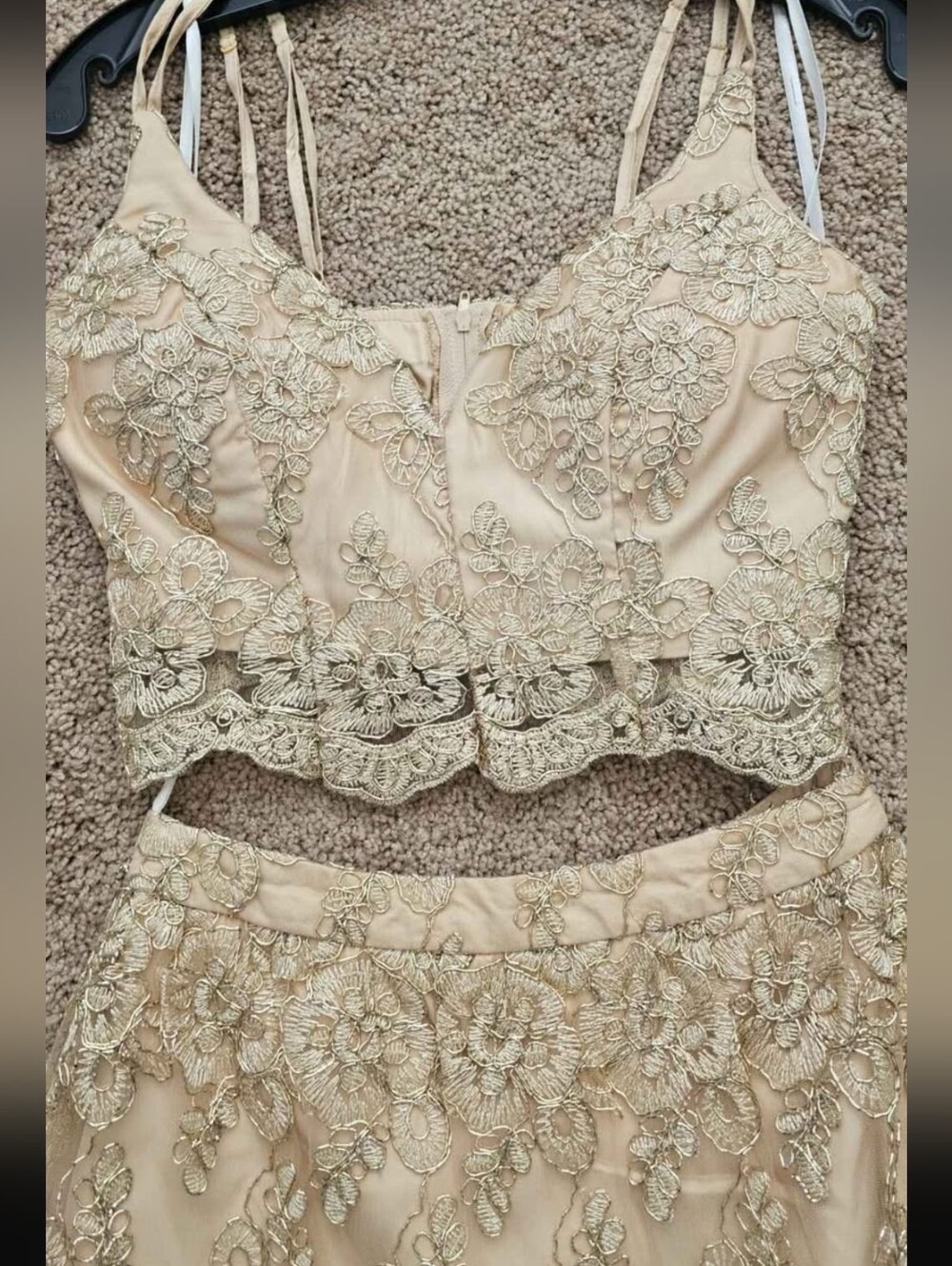 B Darlin Lace Appliqué Bandeau Crop Top in Cream and Gold